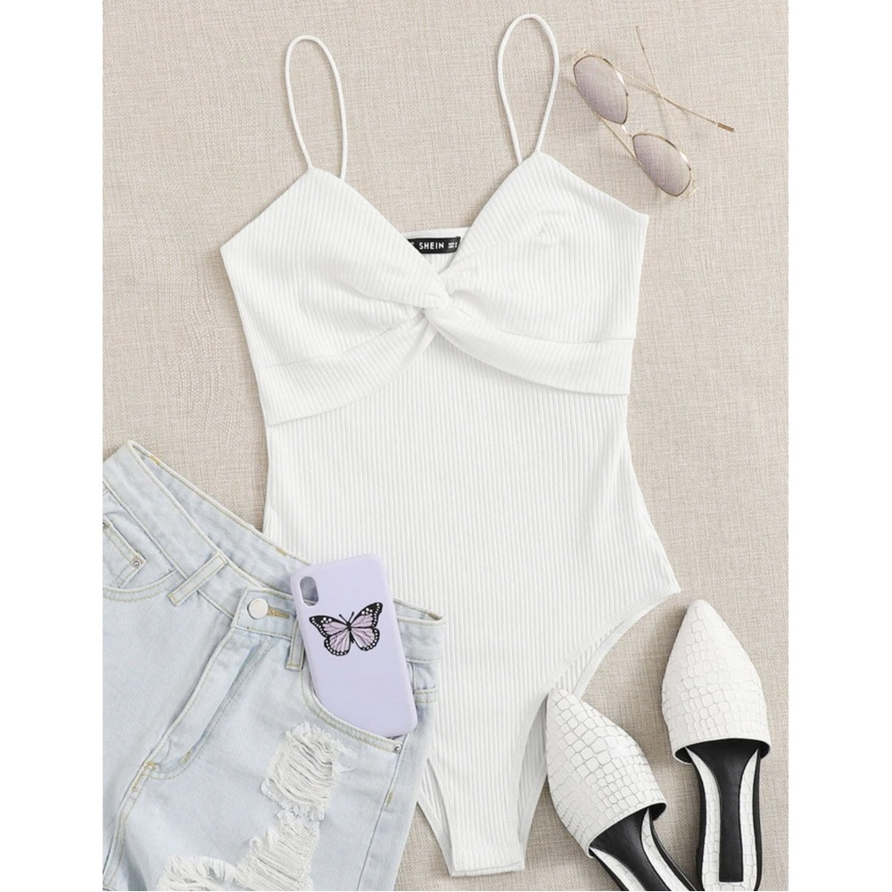Twist Front Rib-Knit Bodysuit - Large - White